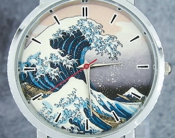 L'orologio da polso Great Wave off Kanagawa. Design minimalista / sobrio. Cinturino nero o marrone. Design unico