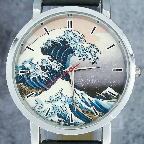 La Grande Vague au large de la montre-bracelet Kanagawa. Design minimaliste / discret. Bracelet noir ou marron. Design unique