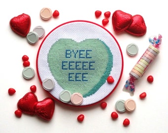 Byeeee - My Crummy Valentine - Rejected Candy Conversation Hearts Advanced Cross Stitch Pattern PDF