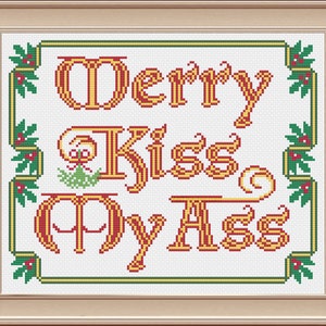 Merry Kiss My Ass Sarcastic 'Merry Christmas' Parody, Advanced Cross-Stitch Pattern Instant Download PDF zdjęcie 1