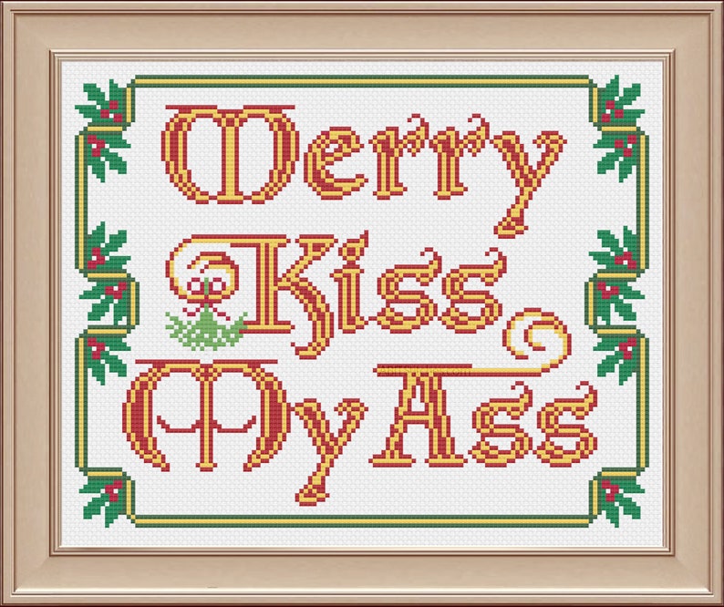 Merry Kiss My Ass Sarcastic 'Merry Christmas' Parody, Advanced Cross-Stitch Pattern Instant Download PDF zdjęcie 1