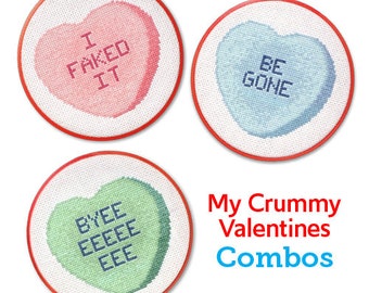 I Faked It + Be Gone + Byeeee - Combo Pack of 3 "My Crummy Valentines" cross-stitch pattern PDFs - pink green and blue