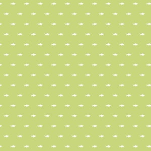 May include: A green fabric with a white fish pattern. The fabric is a repeating pattern of small white fish on a light green background.