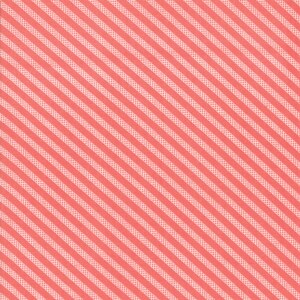 May include: Coral and white striped fabric with a diagonal pattern. The fabric has a textured appearance, with the white stripes featuring a dotted design. The fabric is suitable for quilting, sewing, or other craft projects.
