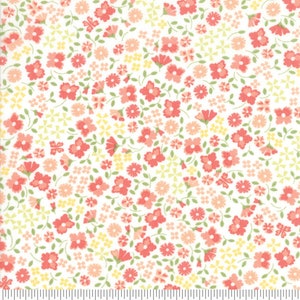 May include: White fabric with a repeating floral pattern. The design features small, coral-colored flowers, interspersed with yellow and peach blossoms and green leaves. The fabric is suitable for quilting and other craft projects.