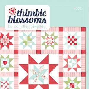 May include: A quilt pattern called "Adore" by Thimble Blossoms, designed by Camille Roskelley. The pattern is for a cheerful 84-inch star quilt. The quilt is made up of red, pink, green, and white fabric.