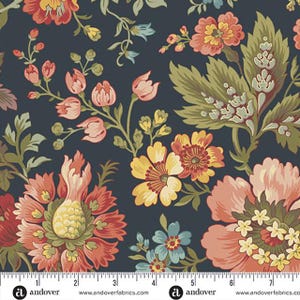 May include: A fabric with a dark navy background featuring a floral pattern. The design includes large, detailed flowers in shades of coral, yellow, and peach, with green and blue accents. The fabric has a vintage, botanical aesthetic.