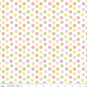 May include: White fabric with a repeating pattern of colorful polka dots. The dots are in shades of yellow, green, pink, and orange. The fabric is measured in inches.