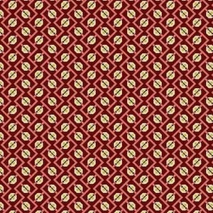 May include: A repeating pattern of red, white, and gold geometric shapes. The pattern is made up of squares and circles. The background is red.
