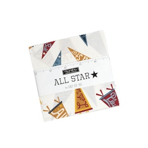 May include: A white fabric square with a repeating pattern of colorful pennants with text like "Ball", "Star", "Let's Win", and "Play". The fabric square is labeled "ALL STAR" by Stacy Iest Hsu.
