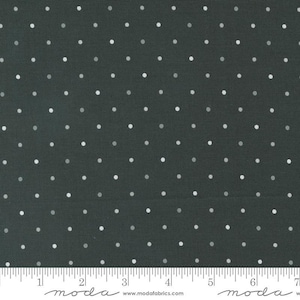 May include: A dark green fabric with a white polka dot pattern. The fabric is a woven cotton blend and is perfect for quilting, apparel, and home decor projects.