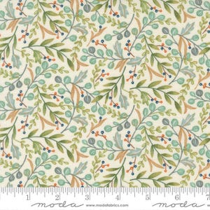 May include: Cream-colored fabric with a repeating pattern of green, blue, and brown leaves and berries. The design includes various leaf shapes and small berries in orange and blue. The fabric has a ruler along the bottom edge.