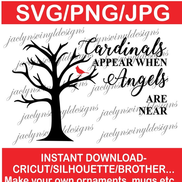 Digital Download- Cardinals Appear When Angels Are Near Design SVG, PNG, JPG- Downloadable Files for Crafting, Memorial Gifts