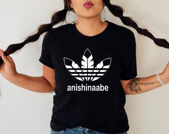 Anishinaabe or Ojibwe T-shirts, Fun Feather {Mock Adidas} Design, Canadian Metis Owned Business, Proud Heritage Tees- Metis Owned Business