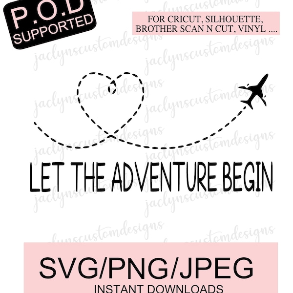 Let The Adventure Begin- Airplane/Heart New Mom Design SVG, PNG, JPG- Downloadable Files for Cricut/Silhouette Makers- Honeymoon Gift Idea