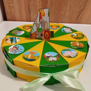 Pastel de cartón 3D, Animales de la jungla, Pastel de cumpleaños, Plantillas de caja de trozos de pastel, Trozo de pastel, 12 piezas - Caja de trozos de pastel, rebanadas de pastel de papel