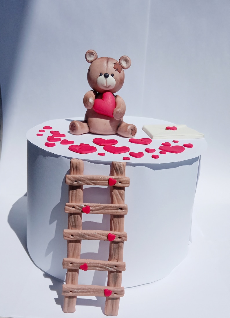 Fondant Teddy Bear With Ladder and Hearts Cake Topper Fondant Etsy