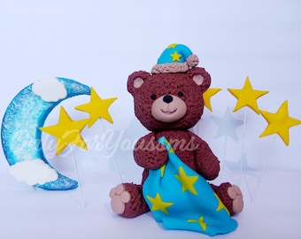 Teddy Bear Fondant Cake Topper First Birthday Topper, Moon and stars  Cake Topper, Edible Cake Decoration, Cake Decorating Baby Shower Cake