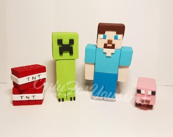 Minecraft inspired fondant cake topper set, Steve, Creeper, Pig, TNT figurines, minecraft birthday