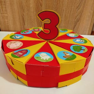 Pastel de cartón 3D, Animales de granja, Pastel de cumpleaños, Plantillas de caja de trozos de pastel, Trozo de pastel, 12 piezas - Caja de trozos de pastel, rebanadas de pastel de papel