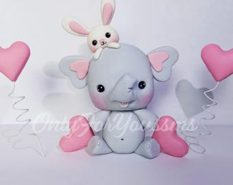 Elephant figurine - cake topper fondant, elephant cake decor, baby shower gift, elephant lover, rabbit and elephant, best friends
