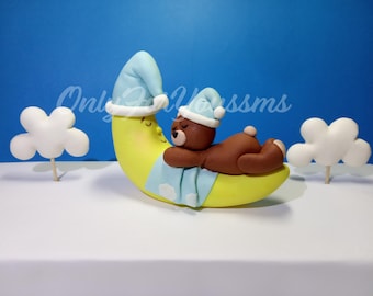 Cute Sleepy Teddy Bear, 3D Cake Topper, Birthday or Baby Shower bear fondant Cake Topper, Moon, stars and clouds Cake Topper,