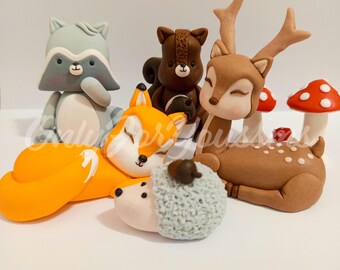 Fondant woodland animal cake topper fawn, Squirrel,hedgehog, mushroom, fox, raccoon Cake decoration birthday Baby shower Christening party