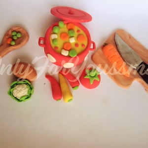 Cooking fondant cake topper, kitchen themed fondant topper, fondant pot, fondant knife, tomato, potato, cauliflower, pepper, carrots, peas