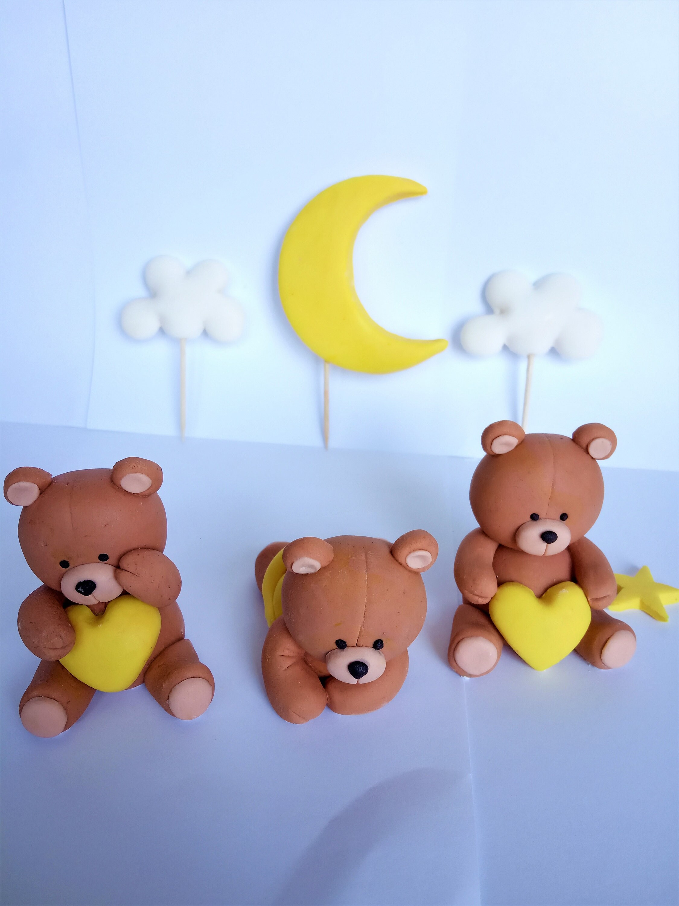 Fondant Teddy Bears with moon and clouds Cake Topper Fondant Etsy