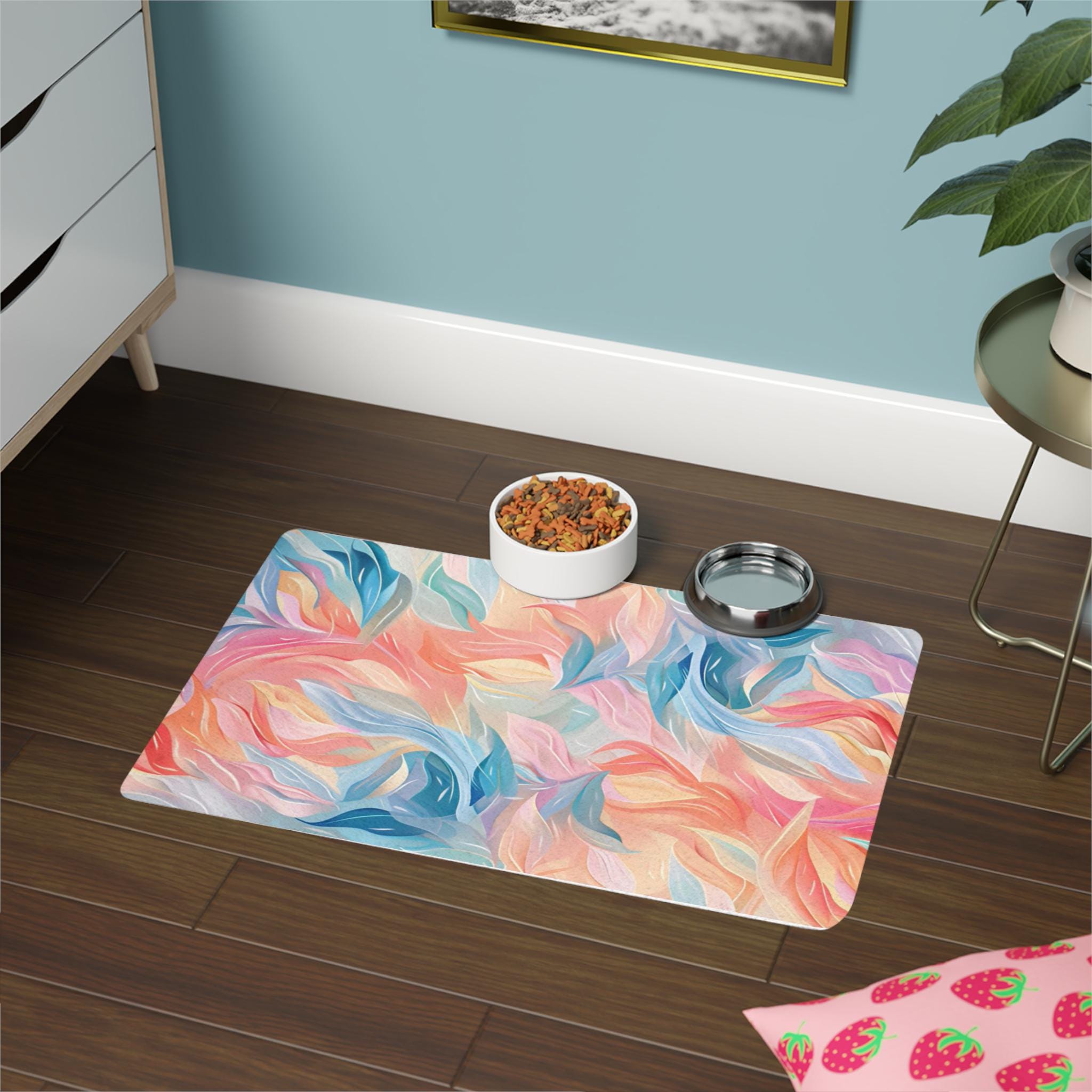 Floral Pet Food Mat: Colorful Dog/Cat Bowl Mat, Non-Slip