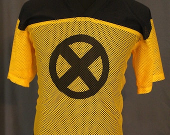 May include: Yellow and black mesh jersey with a black X in a circle on the front.