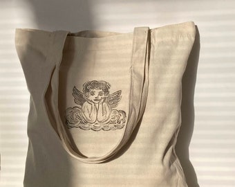 Angel Baby Tote Bag, Valentine's Gift, Aesthetic Cotton Bag with Pocket, Cute Minimalist Tote
