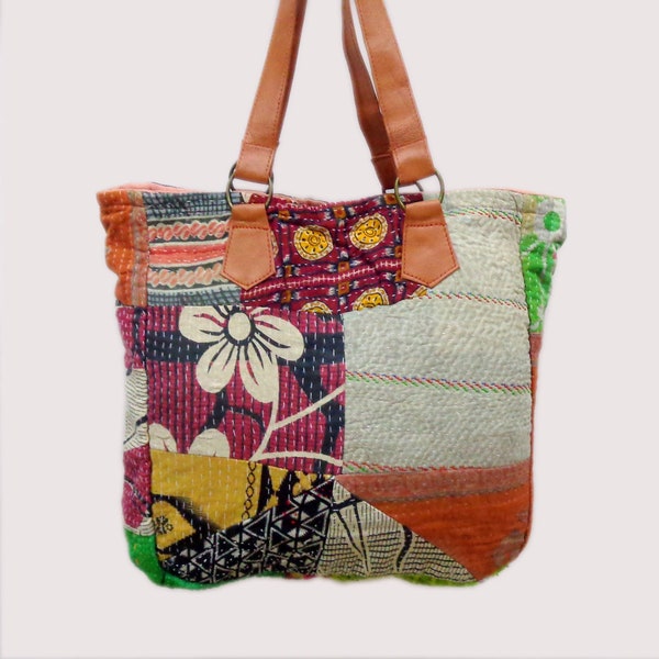 Vintage Cotton Kantha Bag/Indian Patch Shoulder Bag/Handmade Kantha Bag/Gift For Her/Kantha Leather Handle Bag