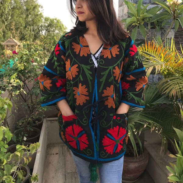 Handmade Suzani Jacket Floral Cotton Coat Ladies Silk Embroidery Jacket