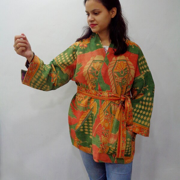 Handmade Green Kantha Coat Vintage Cotton Kantha Jacket Bridesmaid Gift Indian Reversible Blazer