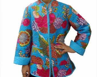 Cotton Quilted Jacket Blue Handmade Floral Tropicana Designer Coat Gift for Her