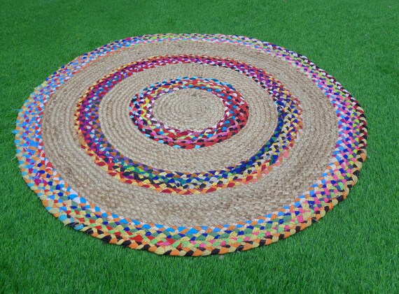 3x3ft Indian Braided Round Rainbow Rug Floor Rugs Cotton Jute Etsy