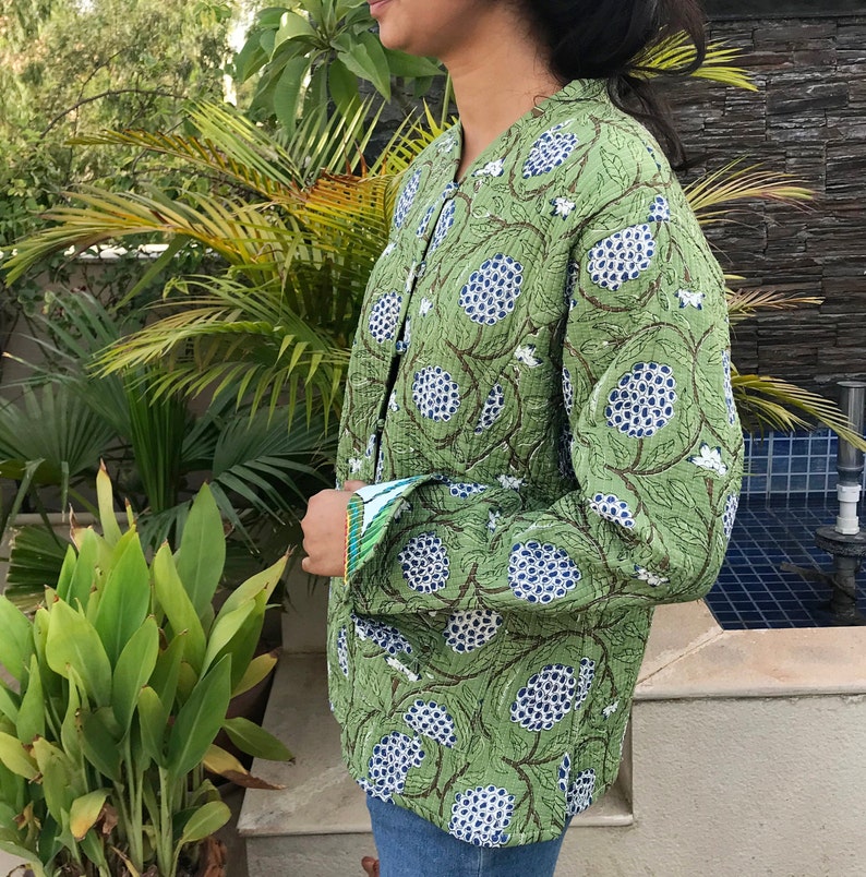 Indian Cotton Women Jacket Quilted Reversible Jacket Green Ladies Winter Blazer Double Sided Coat image 2