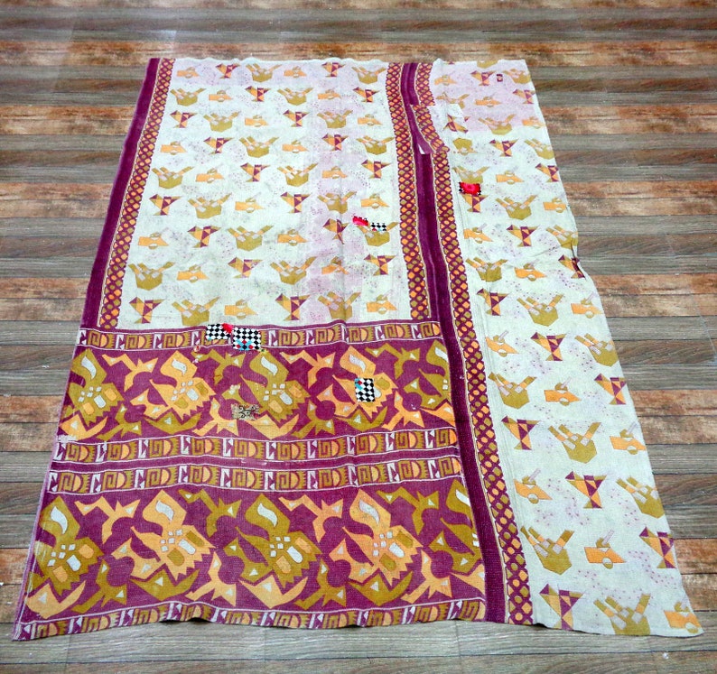 Indian Vintage Cotton Kantha Quilt Floral Kantha Bedcover Handmade Fine Kantha Quilt Reversible Blanket Twin Ralli Old Gudari Cotton Throw