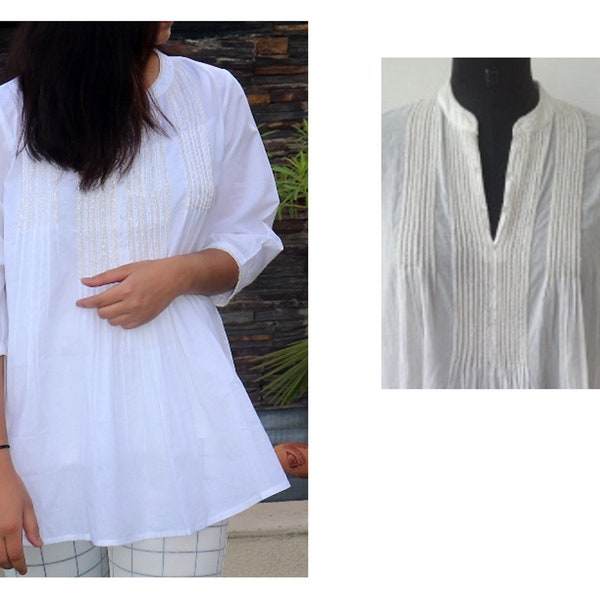 Indian Cotton Tunic White Blouse Top Ladies Apparel Embroidered Neck Top For Women White Dress Designer White Tunic