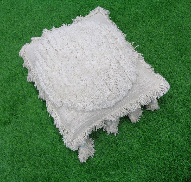 5 Pcs Handmade Cushions 20x20 Inch Handloom Cushion Cover Shaggy Bohemian Sham Cover White Fringe Cushion Cover Decorative Pillow Cover
