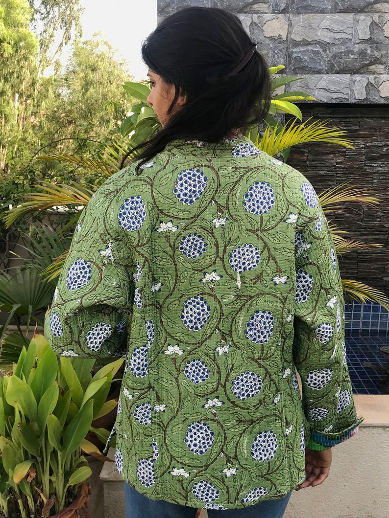 Indian Cotton Women Jacket Quilted Reversible Jacket Green Ladies Winter Blazer Double Sided Coat image 4