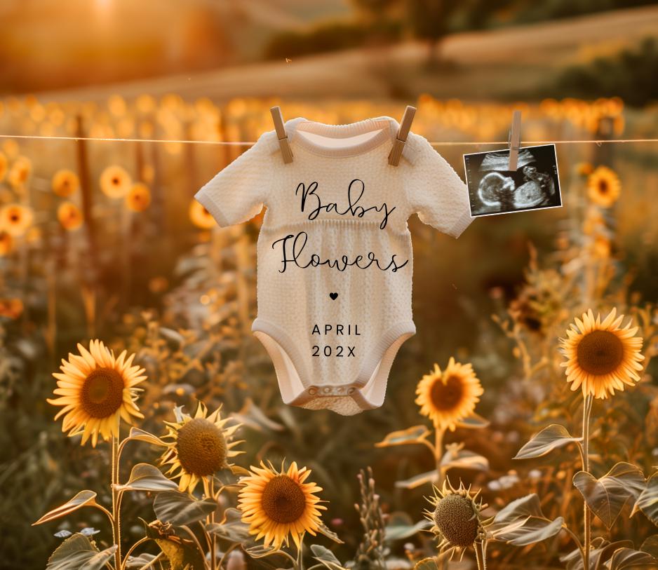 Digitale zomerzwangerschapsaankondiging, zonnebloemneutraal zwangerschapsaankondiging waslijn, baby-onthulling, echo, bewerkbaar canvas