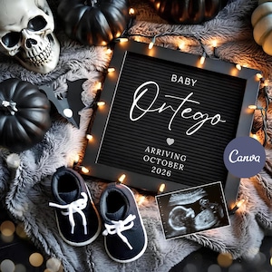 Halloween Pregnancy Announcement Digital, Spooky Gender eutral editable October baby reveal template for social media
