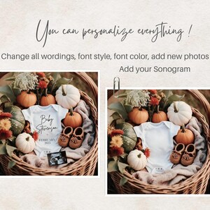 May include: A wicker basket filled with fall-themed decorations, including pumpkins, gourds, and fall foliage. A white onesie with the text "Baby Stevenson" and "February 2023" is in the center of the basket. A sonogram image is also in the basket.