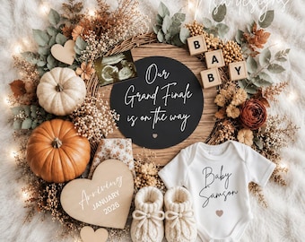Grand Finale Pregnancy announcement fall, Boho due date, Neutral baby reveal, editable Canva template for social media