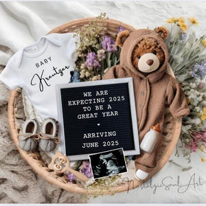 New Year Pregnancy Announcement Template, Simple Neutral pregnancy announcement for social media, See you next year baby reveal