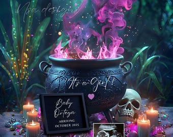 Whimsical Halloween Baby Announcement: Spooky Cauldron, Editable Template (Digital Download)