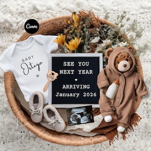 Baby Announcement Digital Due January 2026, Simple Neutral pregnancy announcement for social media, See you next year baby reveal