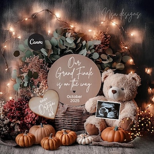Editable pregnancy announcement grand finale, Gender Neutral baby October November baby, Fall Social Media Reveal, boho Baby Rev